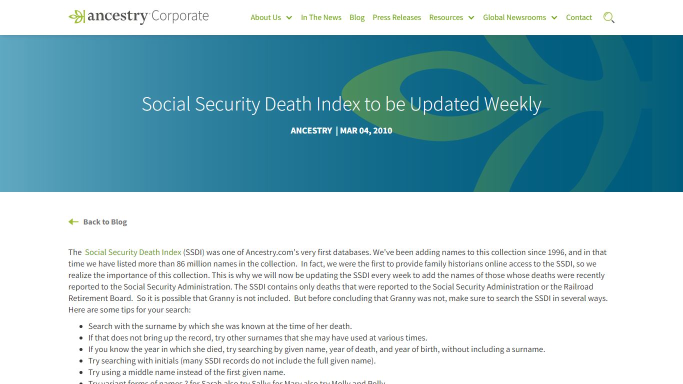 Social Security Death Index to be Updated Weekly | Ancestry Corporate